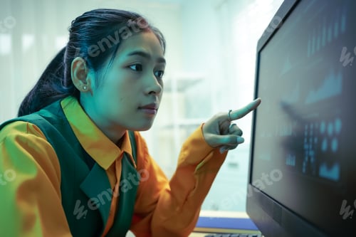Preview: An Asian businesswoman analyzes digital charts on a computer screen, reviewing performance reports