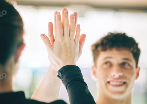 Preview: High five, hands or sports people for teamwork, support or collaboration with smile in gym. Agreeme