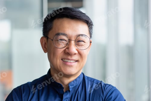 Preview: Close up photo portrait of successful and happy Asian businessman, mature boss with glasses working