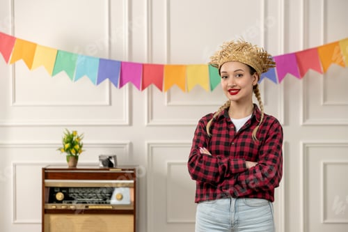 Preview: festa junina cute girl in straw hat brazilian midsummer with retro radio guitar standing smiling