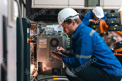 Preview: Industrial engineer maintenance factory technician safety helmet control panel automation robot