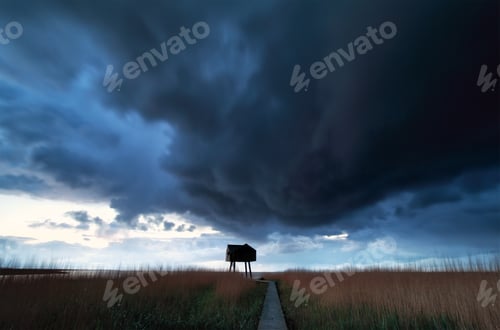 Preview: dramatic cloud over coast with woodn tower
