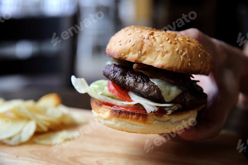 Preview: Beef Hamburger With Hand On Wood Background