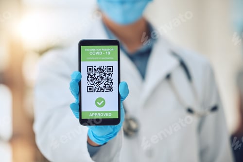 Preview: Doctor covid travel, vaccine passport on smartphone and vaccination certificate. International immi