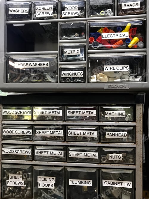 Preview: Close up of a two shelves with lots of labeled drawers for tools and things used in the garage