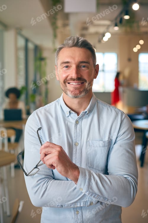 Preview: Portrait Of Smiling Mature Businessman Holding Glasses Standing In Busy Office