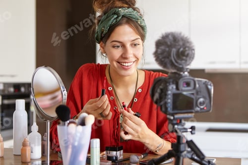 Preview: People, hobby, job, internet marketing and e-commerce concept. Glamourous young female beauty vlogge