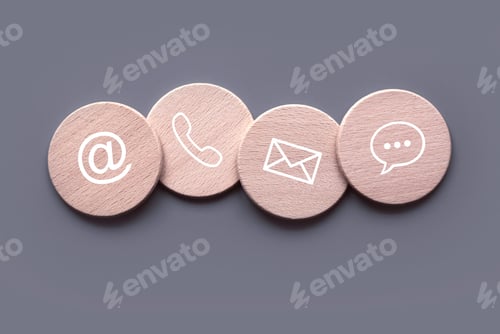 Preview: Icon of communication type on wooden circle. Contact us or Customer support hotline people connect.