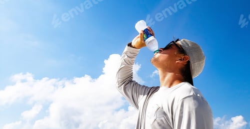 Preview: Hipstdr cool guy drinks bottled water at the beach with blue sky background at sea.