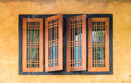 Preview: Vintage wood window on yellow crack wall