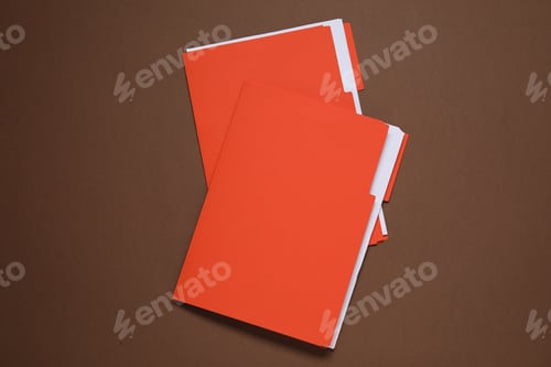 Preview: Many documents in folders on brown background, top view