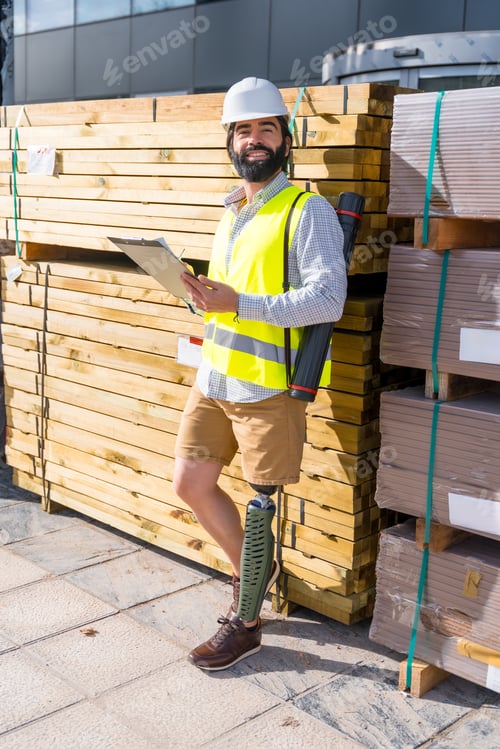 Preview: Engineer with amputee leg working in a construction site
