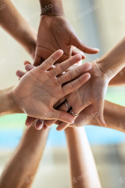 Preview: Hands of successful smart business team celebrating good job while holding up their right hands