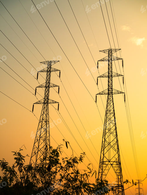 Visualização: Energia de linha de rede elétrica de pólo de alta tensão