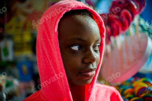 Preview: Portrait of teenage girl wearing pink hoody looking sideways, Brooklyn, USA