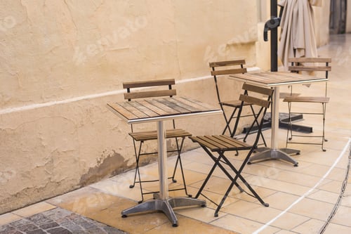 Preview: Cafe, coffee shop, tavern and restaurant concept - Outdoor street cafe tables ready for service