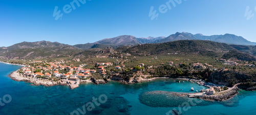 Preview: Greece, Kardamili town, Mani aerial panorama. Stone building and nature. Blue sky and sea