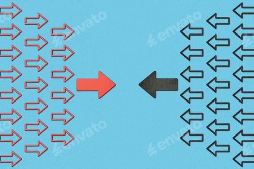 Preview: top view of horizontal opposite red and black pointers on blue background