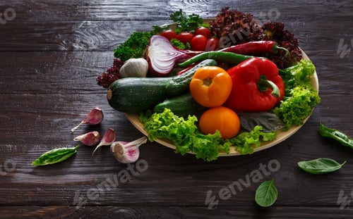 Preview: Plenty of fresh vegetables on wooden background with copy space