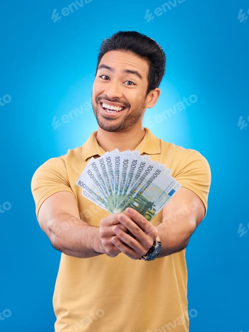 Preview: Cash, portrait and happy man or winner for bonus offer, financial success and winning, finance loan