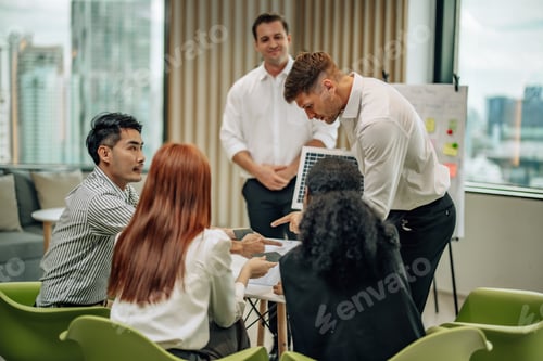 Preview: In diverse workspace, project manager presents eco-friendly solar panels, and sustainable solutions