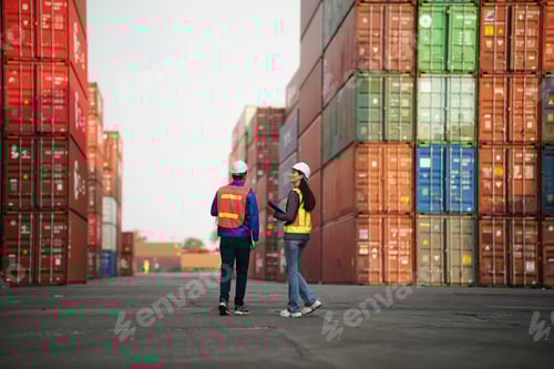 Preview: Workers discuss logistics in a busy shipping container yard during the day