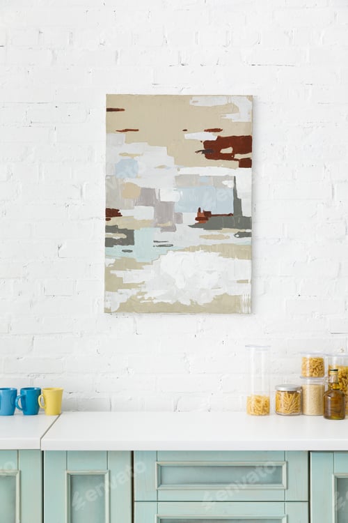 Preview: white and turquoise kitchen interior with abstract painting on brick wall