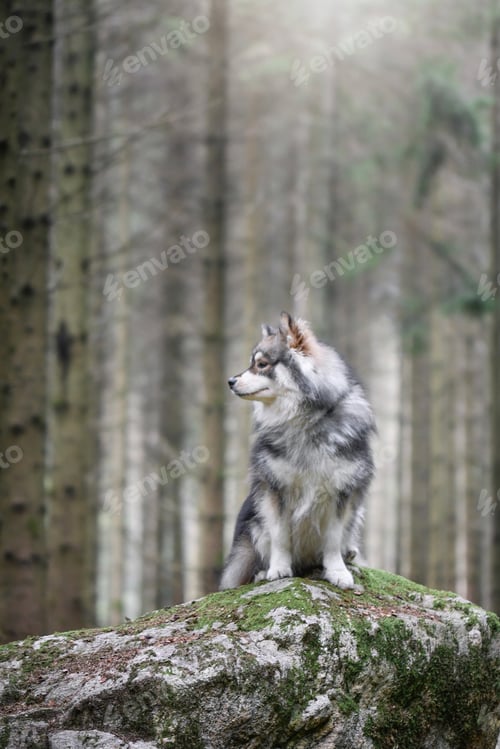 Preview: Portrait of a purebred Finnish Lapphund dog sitting on a rock in the forest or woods