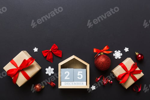 Preview: Christmas calendar 25 december. Christmas gift, fir branches, pine cones. Flat lay