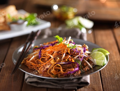 Preview: beef pad thai stir fry dish on plate with chopsticks