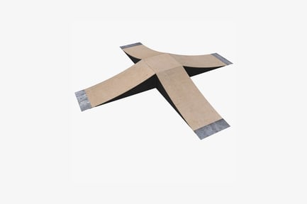 Cross-shaped object with diagonal lines and support panels