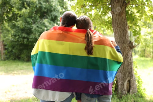 Preview: LGBT concept. Women with rainbow flag outdoors, back view
