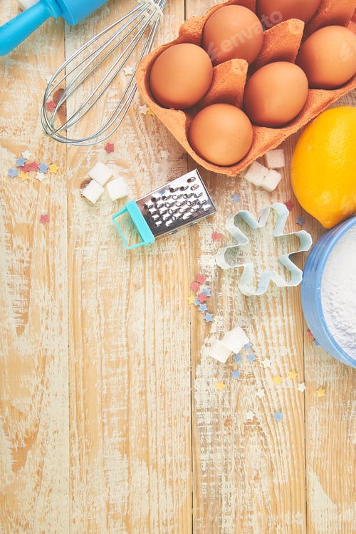 Preview: Baking or cooking ingredients. Bakery frame. Dessert ingredients and utensils.
