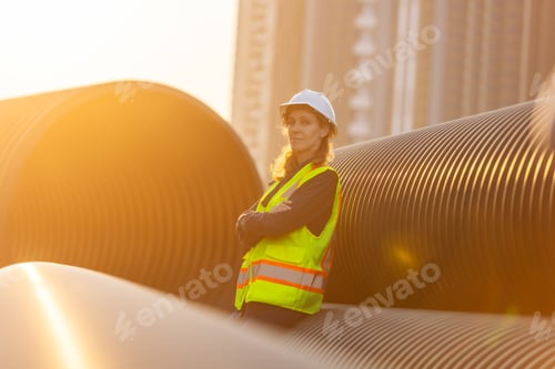 Preview: A female engineer standing confidently on large pipes at a construction site.