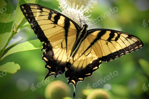 Preview: Closeup of a beautiful western tiger swallowtail (Papilo rutulus) pollinating