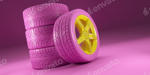 Preview: Pink Car wheels set with yellow discs on pink background. Women racing concept. Poster design. Stack