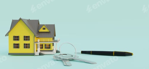 Preview: Home model with key and pen, buy home concept