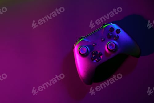 Preview: Gaming joystick on black background in neon light