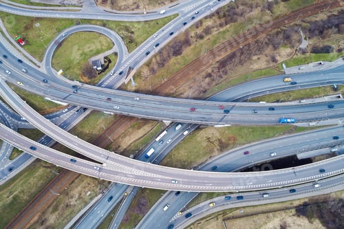 Preview: Aerial view of a freeway intersection