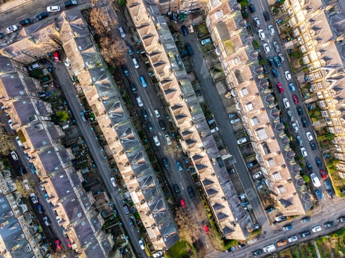 Preview: Aerial view directly above above rows of back to back terraced townhouses with backstreets