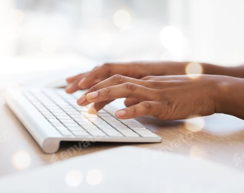 Preview: Keyboard, hands typing and writer with research for website copywriting, blog ideas or inspiration