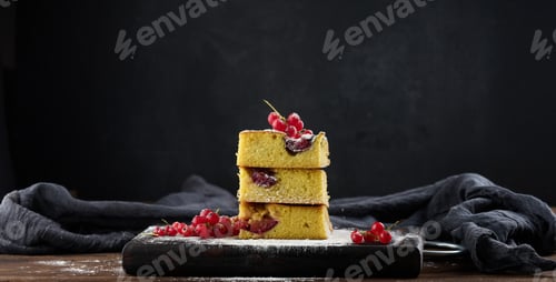 Preview: Stack of square slices of baked plum biscuit cake