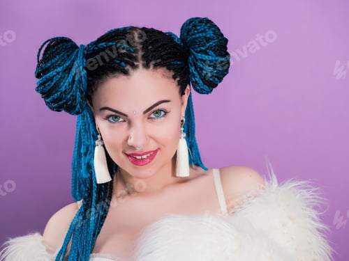 Preview: Glamour portrait of woman with african blue braids hairstyle, bindi, nose ring tassel earrings