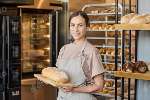 Preview: Happy female baker standing by workplace