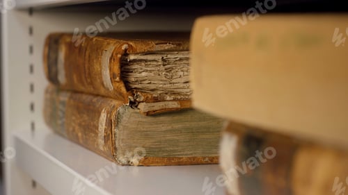 Preview: Expert takes an old book from the shelf. Stock footage. An ancient relic taken by gloved hands