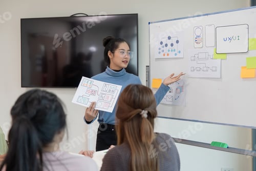 Preview: ux developer and ui designer presenting and testing mobile app interface design on whiteboard in