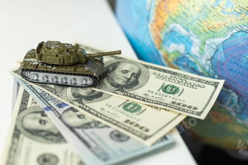 Preview: Miniature toy tank on the map of Belarus Lithuania map.