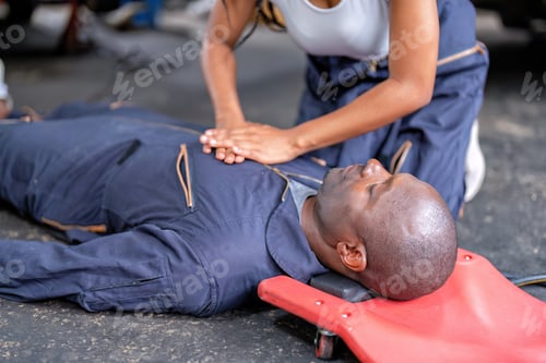 Preview: Mechanical guy at car repair shop got accident lay on the floor