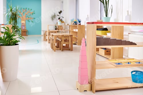 Preview: Light class in Montessori kindergarten. The pink tower is in the foreground. nobody