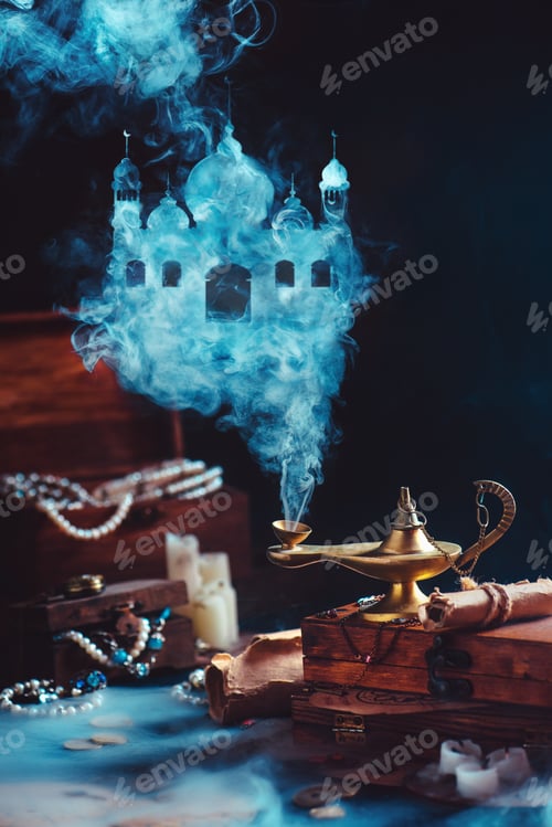 Preview: Magic lamp with mystic smoke forming an arabic castle, still life with treasure and jewelry.